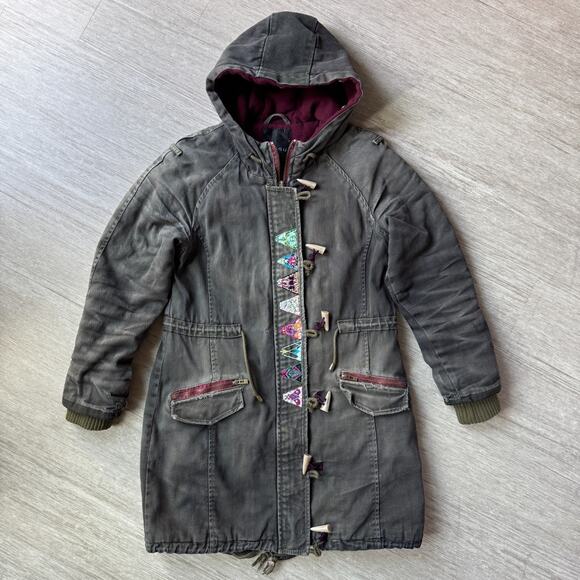 Amisu VTG Y2K Canvas Jacket Coat Womens 8 Embroidered Distressed Hooded Lined - Picture 1 of 9